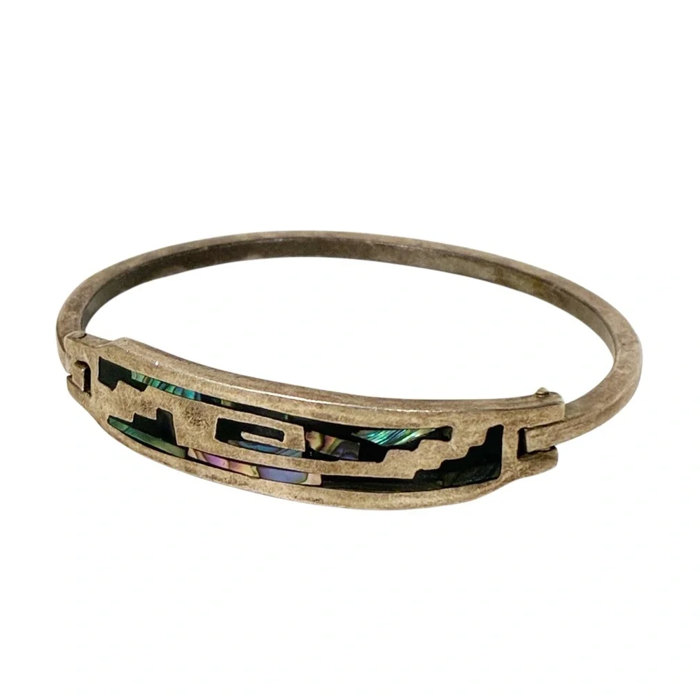 Vintage‎ Mexico Sterling Silver Abalone Pearl Panel Bracelet